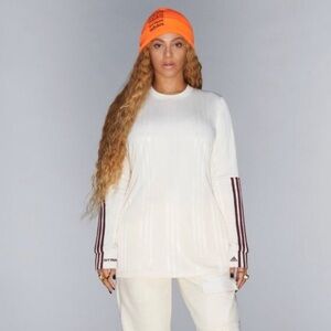 Women's Cream Long-Sleeve Crew with Burgundy Stripe Detail